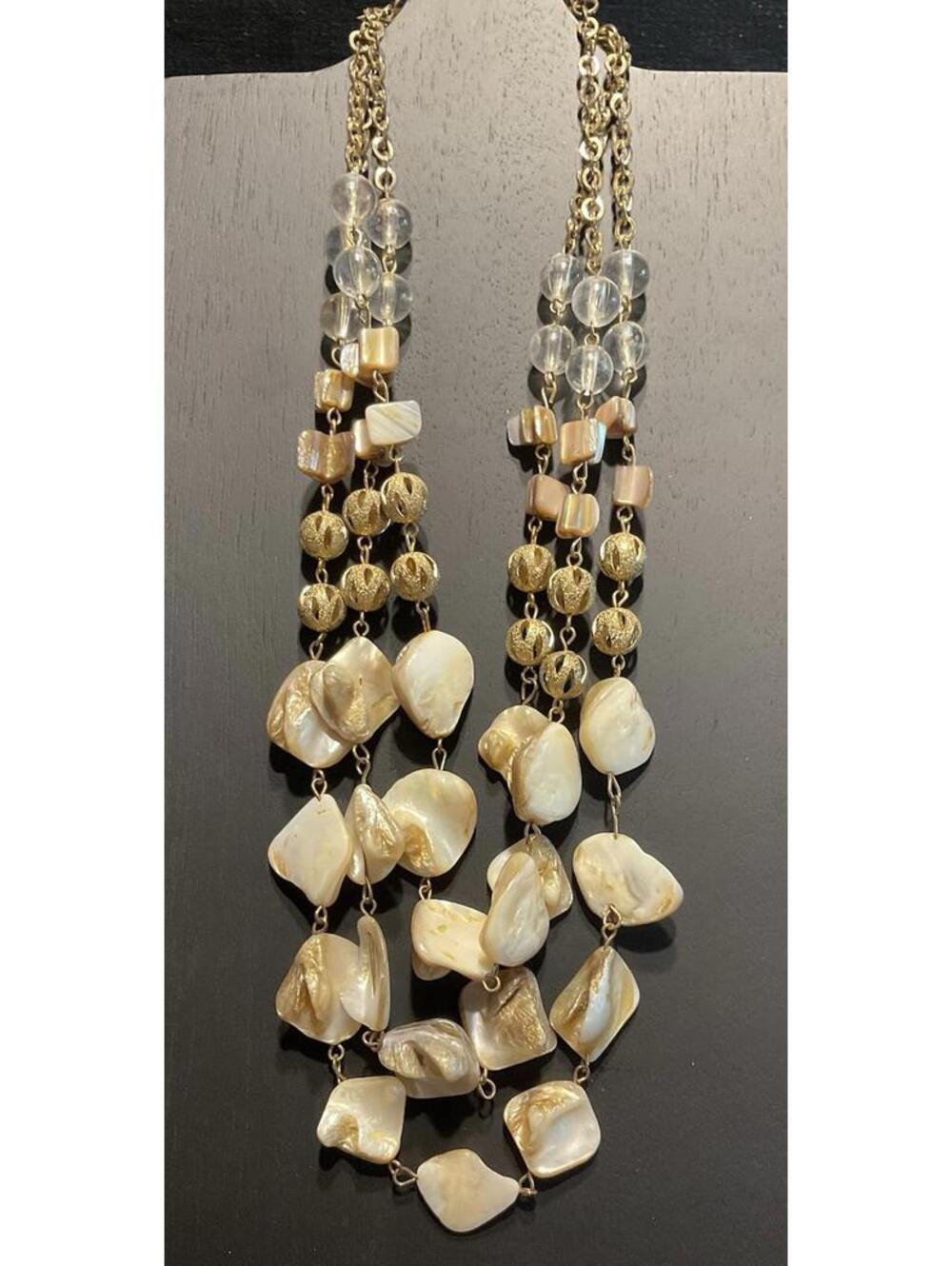 Abalone Shell Necklace With Gold Tone Chain And Beads Costume Jewelry